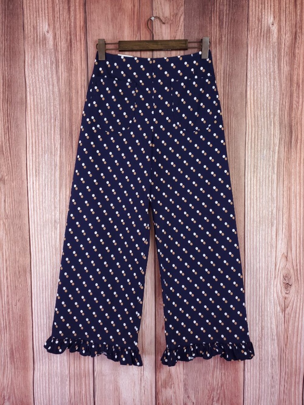 NWT Anthropologie Maeve The Colette Pants 28 Blue Polka Dot High Rise Ruffle Hem